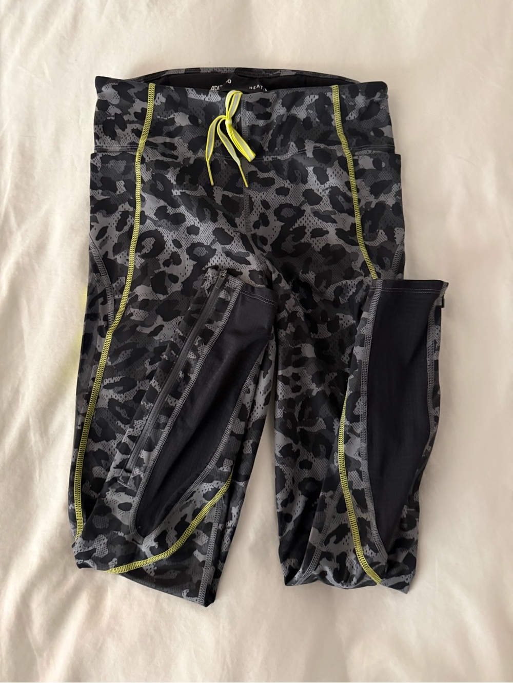 Adidas Women’s Heat Ready Black Camo Active Leggings with Neon Trim